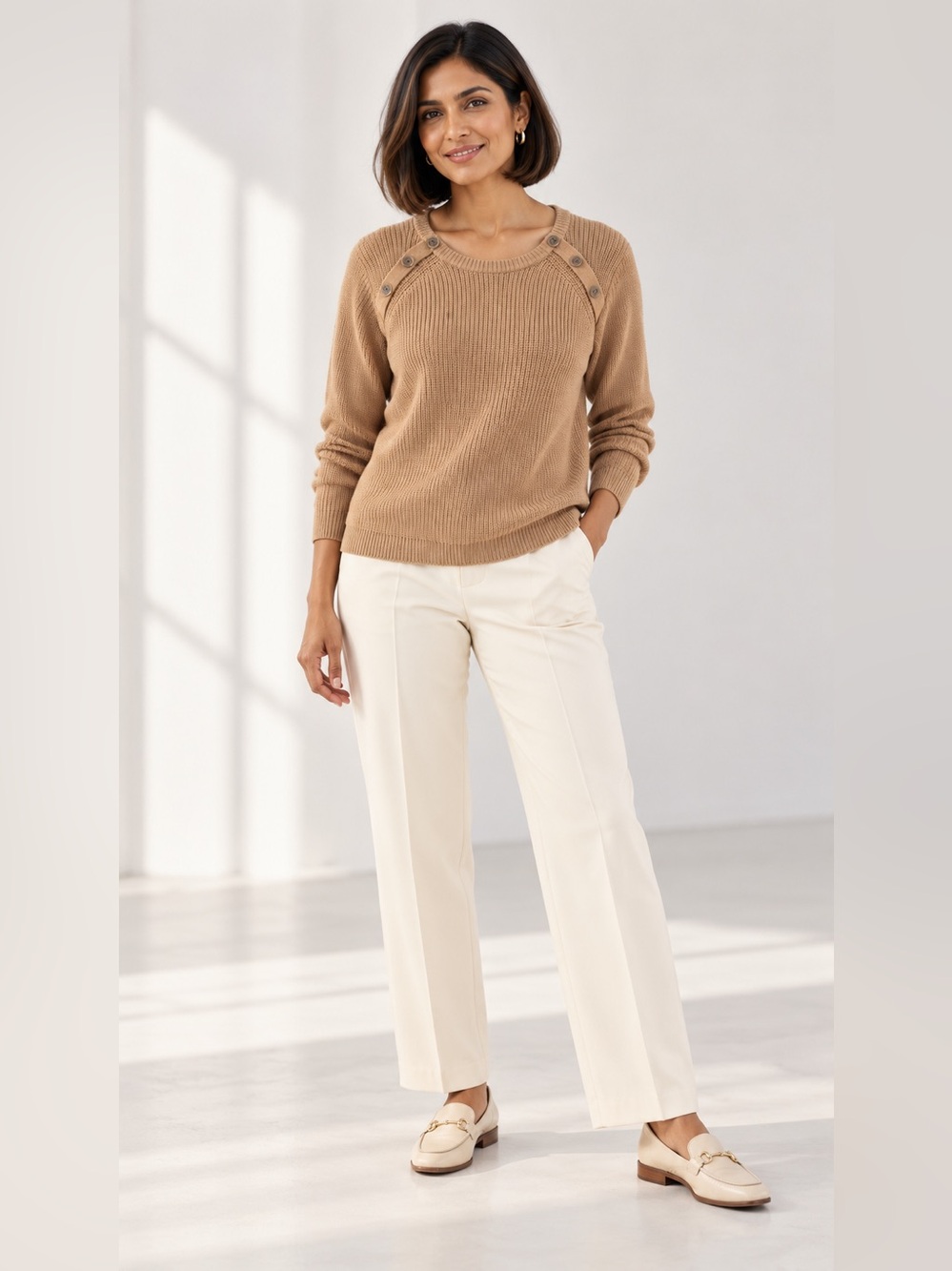 Cable Stitch Camel 100% Cotton Button Shoulder Sweater Size M